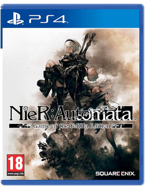 Game cover of 'NieR: Automata' for PS4 with a character illustration and Square Enix logo.