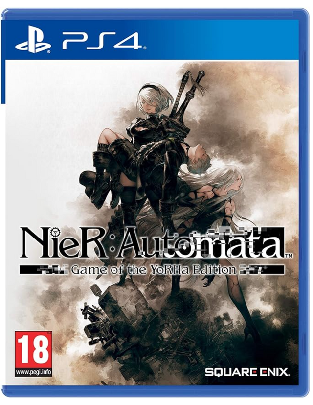 Game cover of 'NieR: Automata' for PS4 with a character illustration and Square Enix logo.