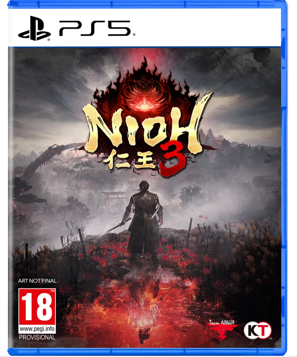 Nioh 3 game cover for PS5 with a warrior and red bloodstains on a dark background