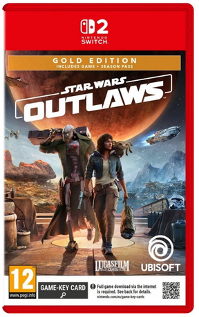 Star Wars Outlaws game cover for Nintendo Switch with characters and spaceship on a red background