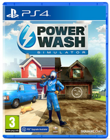 Game box for 'Power Wash Simulator' on PS4 with a character in blue suit and van in front of a house.