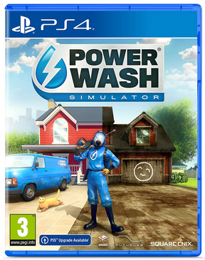 Game box for 'Power Wash Simulator' on PS4 with a character in blue suit and van in front of a house.