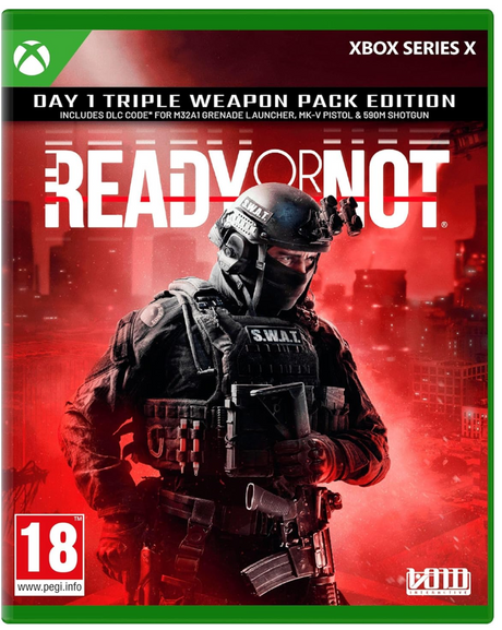 Game box for 'Ready or Not' Xbox Series X edition with a soldier in tactical gear on a red background.