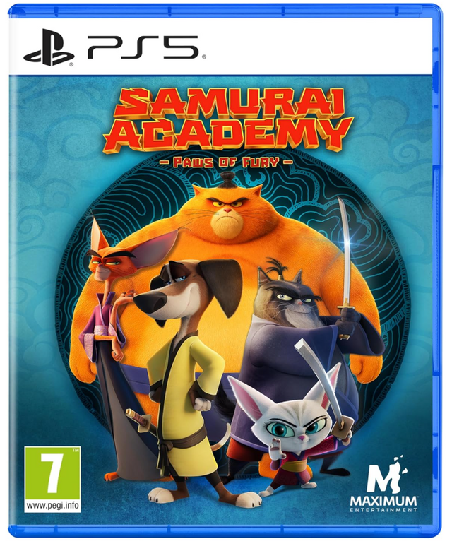 PS5 game cover for 'Samurai Academy' featuring four animated characters on a blue background.