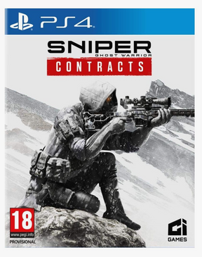 Game cover of 'Sniper Ghost Warrior Contracts' for PS4 with a sniper in a mountainous landscape.