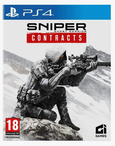 Game cover of 'Sniper Ghost Warrior Contracts' for PS4 with a sniper in a mountainous landscape.
