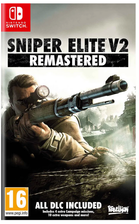 Box art for 'Sniper Elite V2 Remastered' on Nintendo Switch with a soldier holding a rifle.