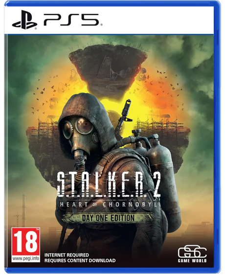 Stalker 2: Heart of Chernobyl game cover for PS5 with a gas mask and radioactive background.