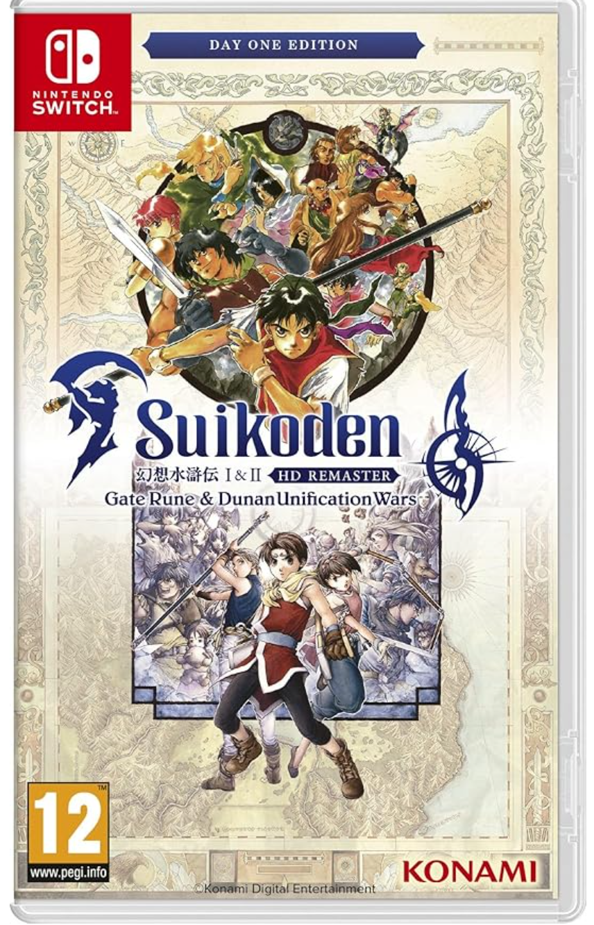 Nintendo Switch game console with 'Suikoden' packaging featuring characters and Konami logo.