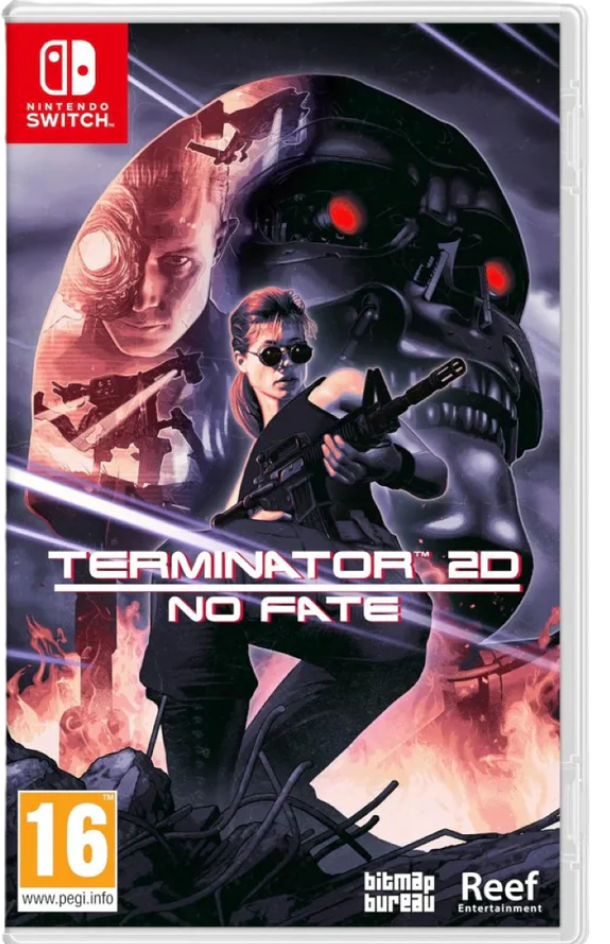 Game cover for 'Terminator 2D No Fate' on Nintendo Switch with action scene and characters.