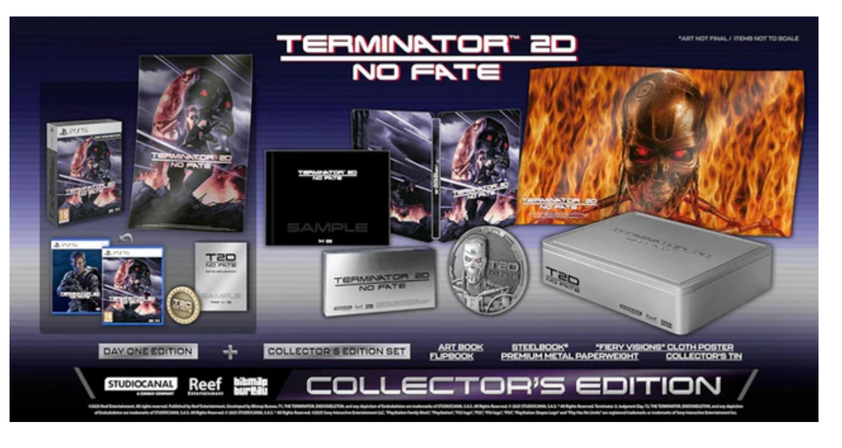 Terminator 20 No Fate collector's edition packaging with various items on a blue background