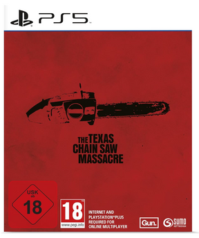 Game case for 'The Texas Chain Saw Massacre' with a chainsaw illustration on a red background, featuring the PS5 logo.