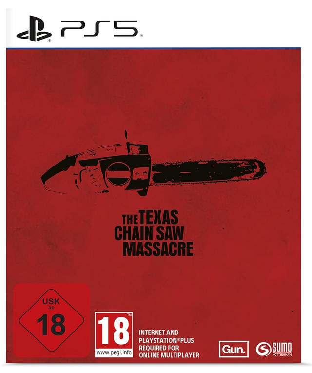 Game case for 'The Texas Chain Saw Massacre' with a chainsaw illustration on a red background, featuring the PS5 logo.