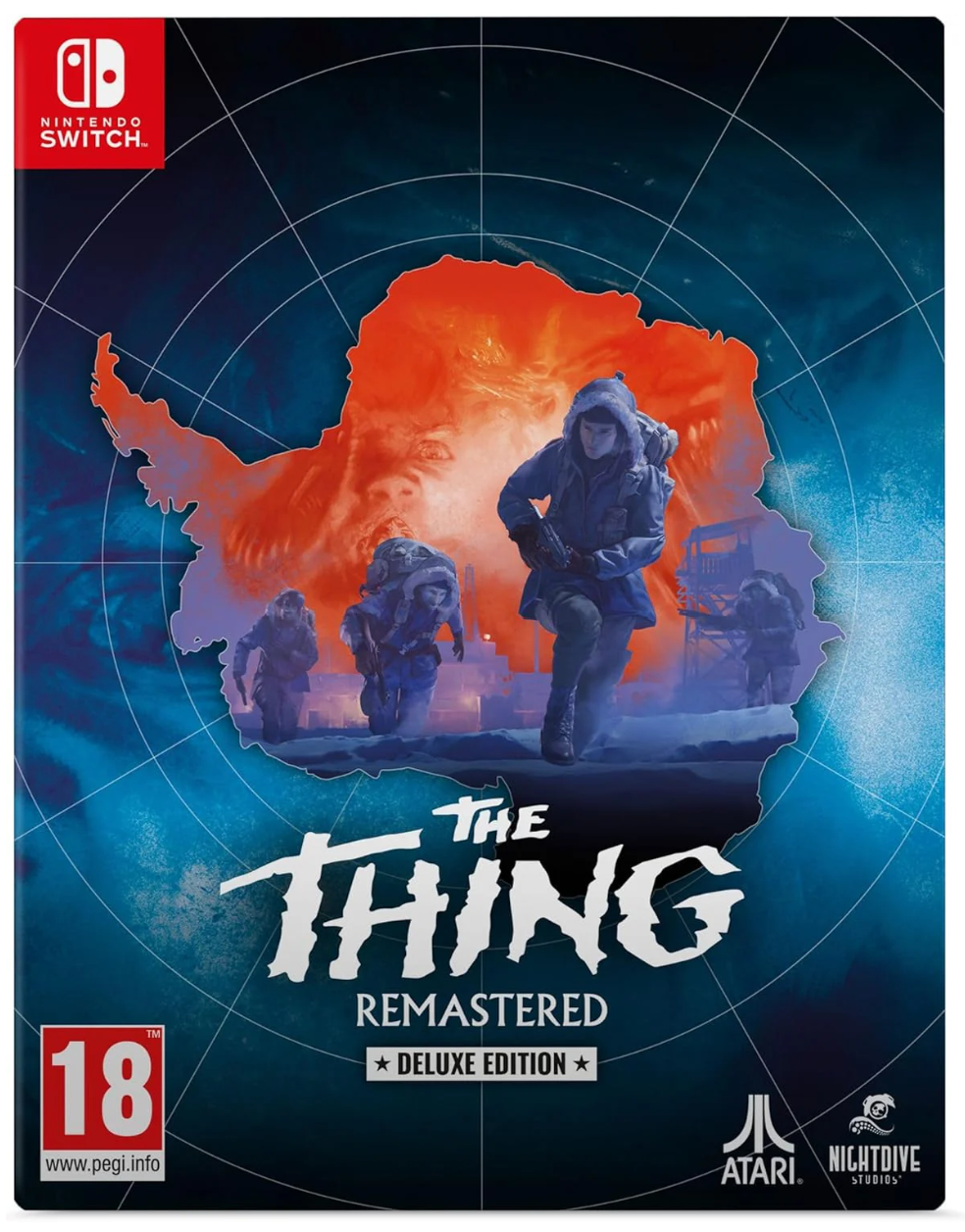 Game box for 'The Thing Remastered' on Nintendo Switch with a map and characters design.