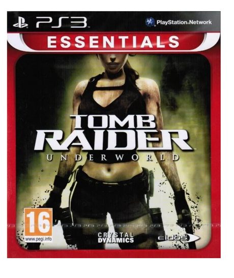 Game case for 'Tomb Raider: Underworld' on PS3 with branding and rating visible.