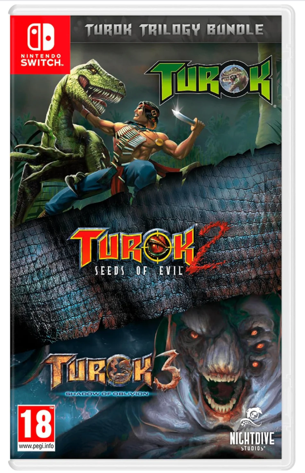 Turok Trilogy Bundle packaging for Nintendo Switch with Turok, Turok 2, and Turok 3 on a white background.