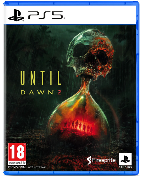 PS5 game case cover for Until Dawn 2, featuring a glowing hourglass with a skull-shaped top and small figures inside, set against a dark rainy forest background. PlayStation branding and PEGI 18 rating are visible on the cover.