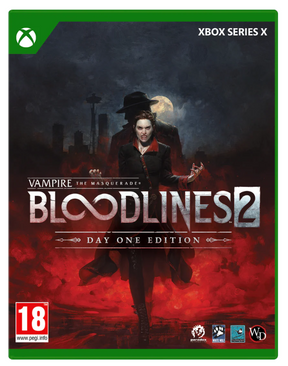 Game box for 'Vampire: The Masquerade - Bloodlines 2' on Xbox Series X with a dark and dramatic design.