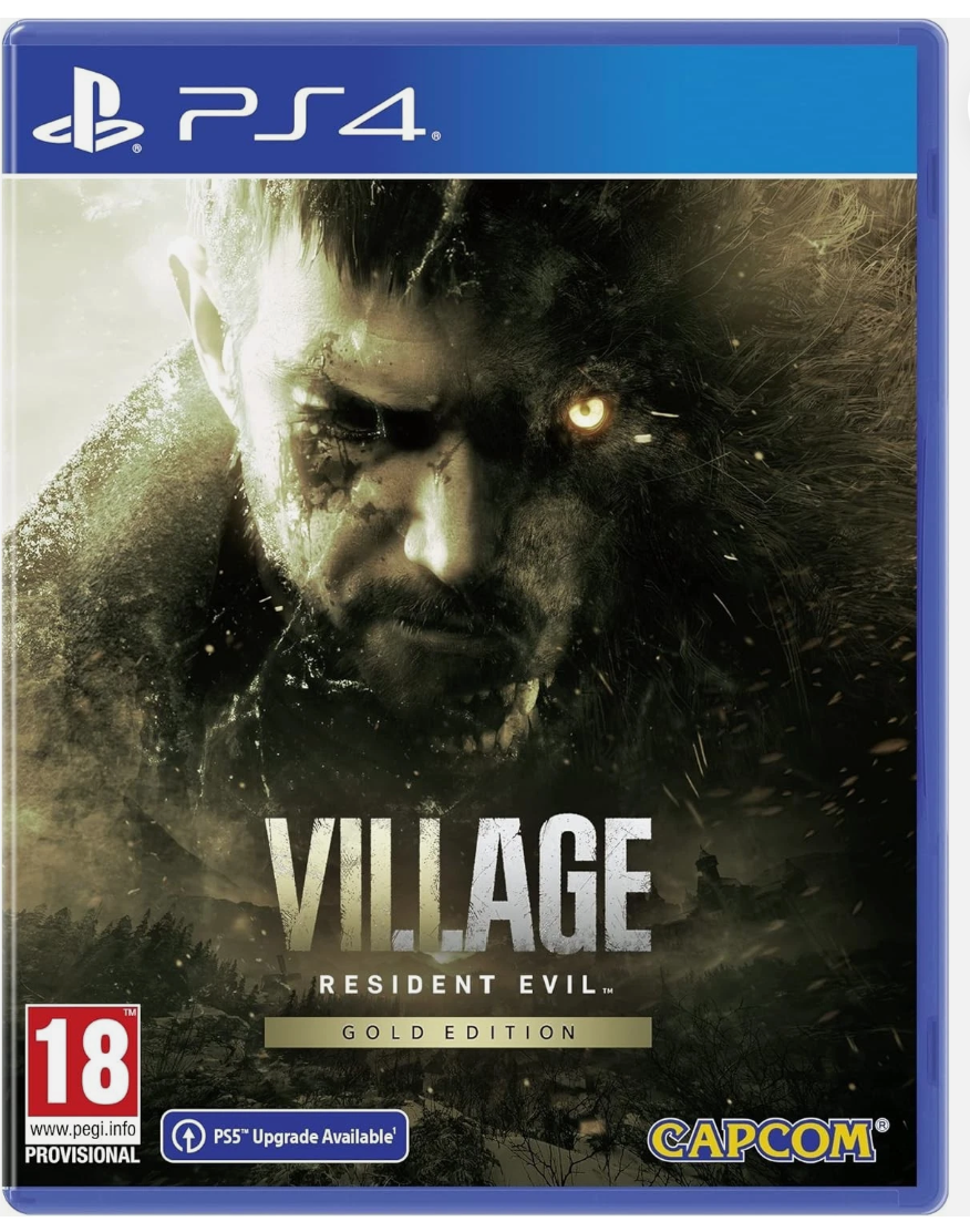 PlayStation 4 game case for 'Resident Evil Village' Gold Edition with character and Capcom logo.