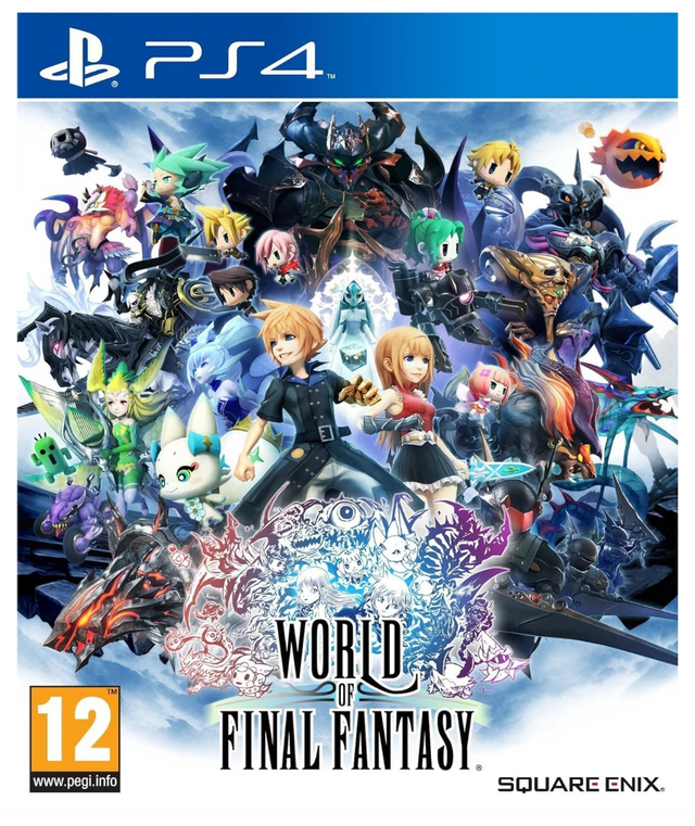Cover of 'World of Final Fantasy' for PS4 with characters and branding.