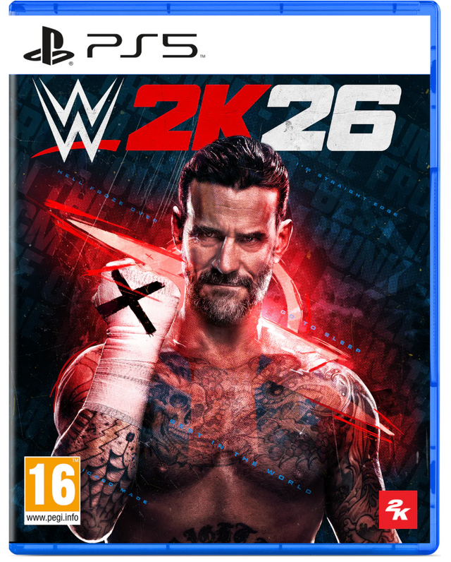 PlayStation 5 game cover for WWE 2K26 featuring a muscular man with tattoos and a bandaged arm.